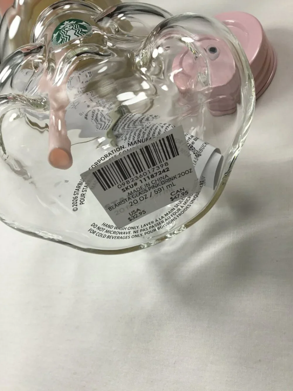 Starbucks Pink Bearista Glass Cold Cup 20 oz